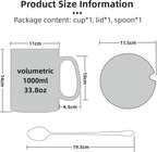 33 oz Extra Large Ceramic Coffee Mug with Lid and Spoon
