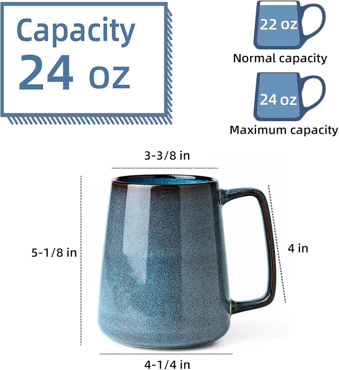 24 oz Large Blue Ceramic Coffee Mug with Big Handle