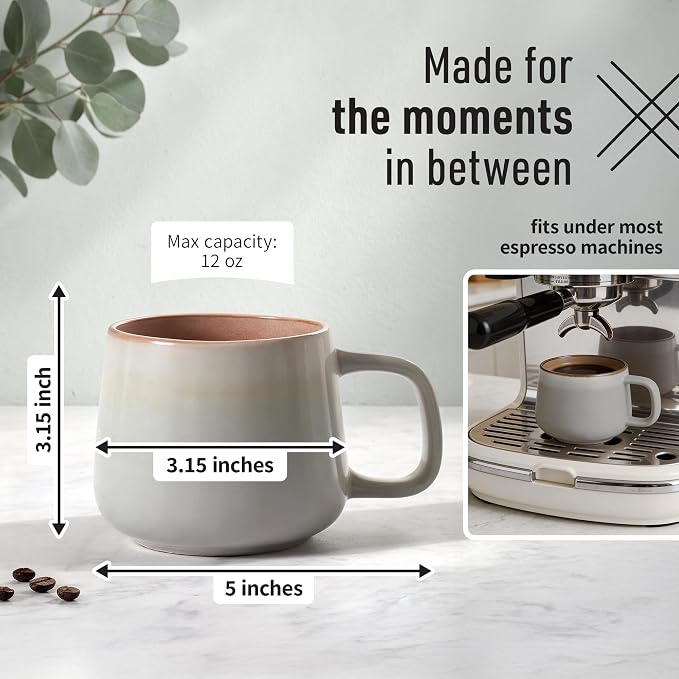 Stoneware Ceramic Coffee Mugs Set of 4, 12 oz | Sage Ash