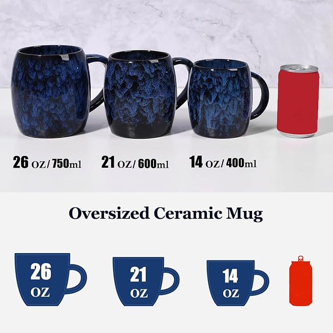 26 oz Extra Large Ceramic Coffee Mug with Big Handle | Blue